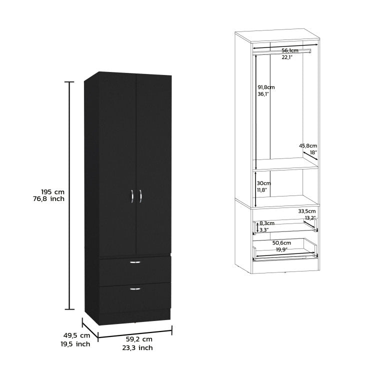 Armoire Wardrove 76" H, Hanging Rod, 2 Drawers, 1 Shelf, Black
