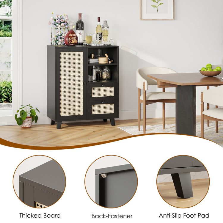 Rattan Buffet Cabinet With Adjustable Shelf, Sideboard With Drawers For Living Room, Kitchen, Entryway