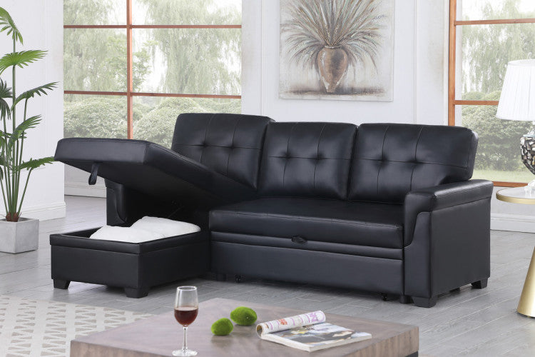 Jardin 84"W Black Vegan Leather Modern Reversible Sleeper Sectional Sofa With Storage Chaise