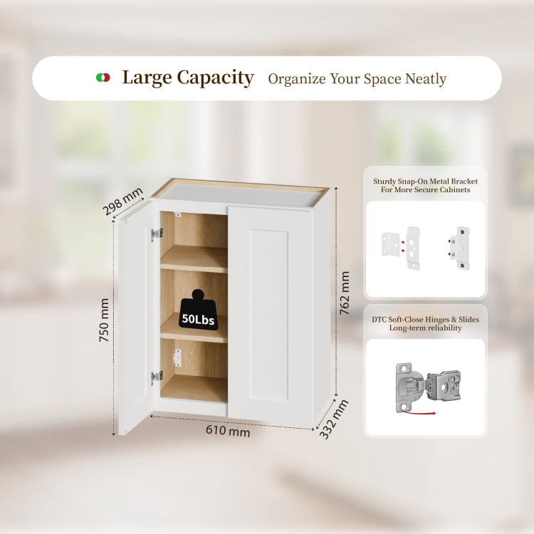 24 Inch White Shaker Double Door Wall Cabinet Solid Wood With 2 Adjustable Shelves Ready To Assemble For Kitchen,Bathroom,Laundry And Garage Storage 24"W 12"D 30"H
