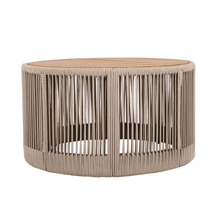 Outdoor Rattan Rope & Acacia Wood Coffee Table Patio Balcony Furniture For Garden, Yard, Balcony Weather Resistant Rope Beige, Natural Iron