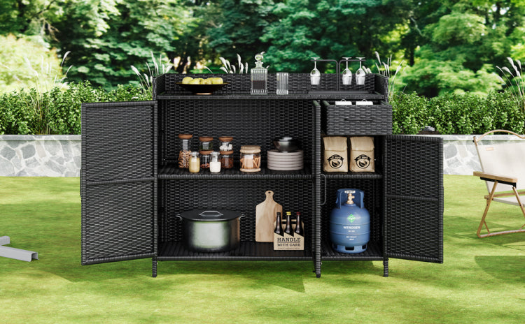 K&K 47.5"W Wicker Outdoor Storage Cabinet With Tempered Glass Desktop, Weather Proof Rattan Bar Table With Three Doors, Adjustable Shelf, And One Drawer, For Outdoor Cushions, Pool Toys , Black