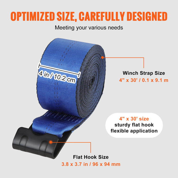 Winch Straps, 4" X 30', 6000 Lbs Load Capacity, 18000 Lbs Breaking Strength, Truck Straps With Flat Hook, Flatbed Tie Downs Cargo Control For Trailers, Farms, Rescues, Tree Saver, Blue 10 Pack