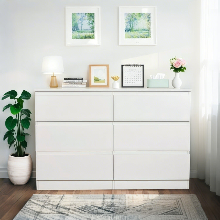 6 Drawer White Dresser, Modern Dresser For Bedroom With Spacious Countertop, Wood Storage Cabinet With Concealed Handles & 6 Deep Drawers For Bedroom, Living Room, Entryway, 15.7" D X 47.2" W X