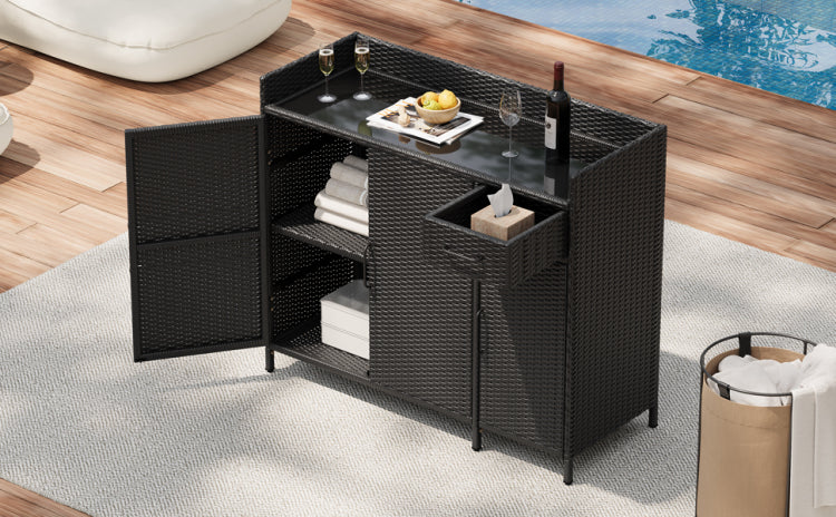 K&K 47.5"W Wicker Outdoor Storage Cabinet With Tempered Glass Desktop, Weather Proof Rattan Bar Table With Three Doors, Adjustable Shelf, And One Drawer, For Outdoor Cushions, Pool Toys , Black
