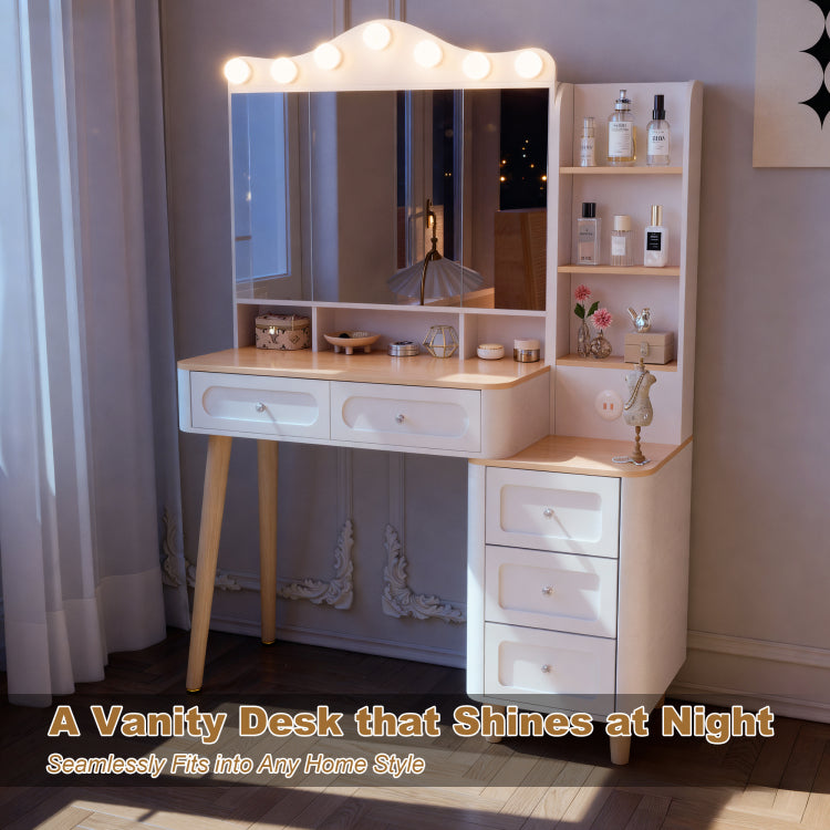 Vanity Desk With Mirror And Lights,Makeup Vanity With 2 Usb Power Strip,Vanity Set With Two Drawers And Three Drawer Chest, 3 Lighting Modes Adjustable Brightness, Foldable Three Sided Mirror White