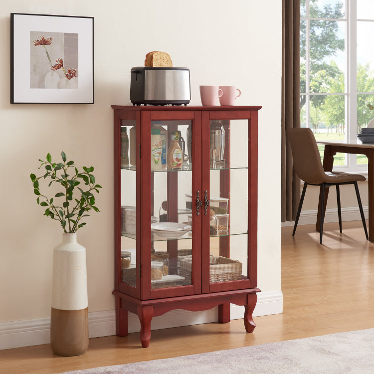 2 Doors Curio Cabinet With Tempered Glass Doors, Curio Cabinets With Mirrored Back Panel And Adjustable Shelves, Lighted Display Cabinet For Home, Office Light Bulb Included Cherry