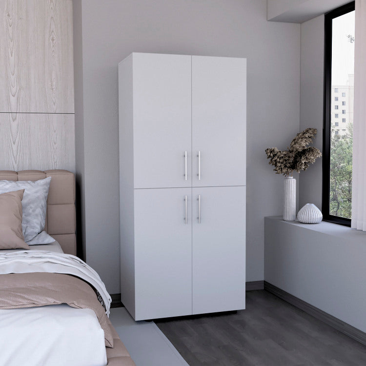 Hazel 70" High Four Door Armoire Wardrove Closet Cabinet, Six Shelves And Two Hanging Rods, Bedroom Clothes Storage Cabinet Organizer White
