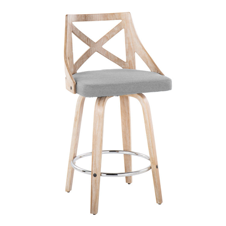 26" Fixed Height Counter Stool With Swivel In White Washed Wood, Light Grey Fabric With Round Chrome Metal Footrest Set Of 2