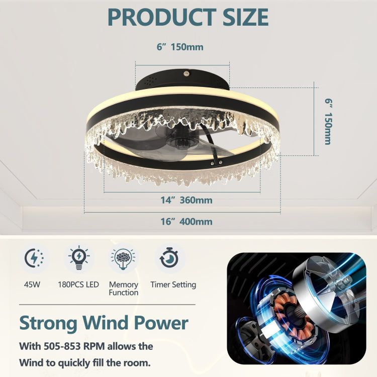 Modern Led With Light 16'' Dimmable Ceiling Light With Invisible Blades And Crystal Design, Remote Control & Adjustable Color Temperature, Quiet Fan For Bedroom, Living Room,Black