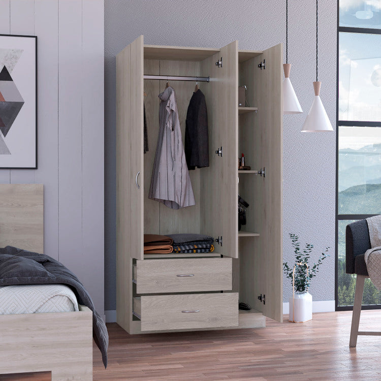 Bosko 3 Doors Armoire, Two Drawers, Metal Rod, Light Gray Bedroom