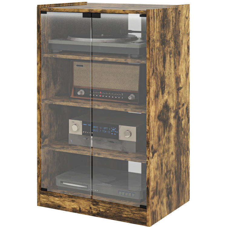 Homcom Media Cabinet, 4 Tier Stereo Cabinet, Modern Audio Video Media Stand With Adjustable Shelves, Tempered Glass Doors, And Cable Management, Rustic Brown
