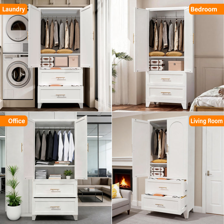 71" Tall Metal Wardrobe Cabinet With 2 Drawers And Hanging Rod, 2 Doors Wardrobe Closet With Shelf For Bedroom, Office, Laundry Room,Entryway ,Foyer,Guesthouse White