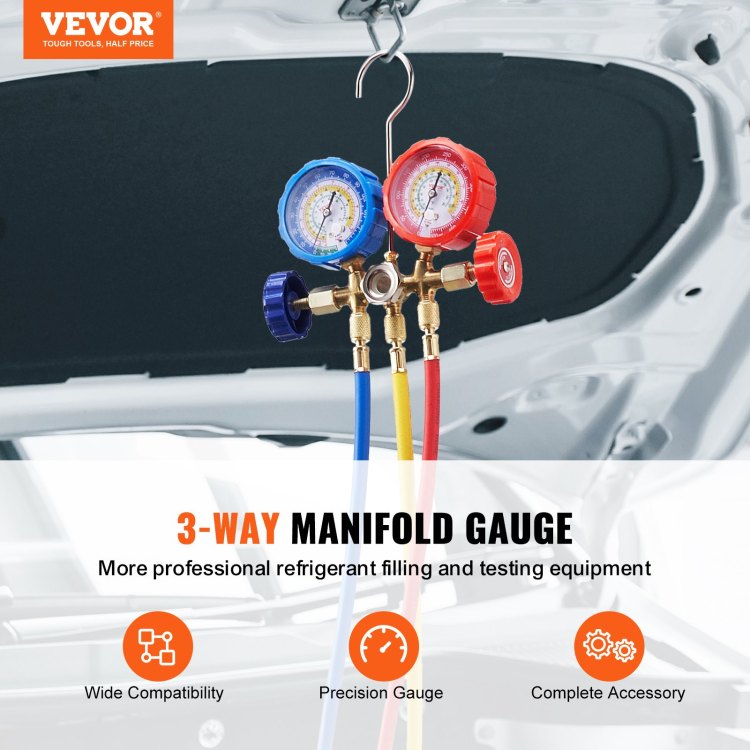 Ac Gauge Set 3 Way Ac Manifold Gauge Set For R134A R22 R12 R502 Refrigerant, Freon Gauges With 5Ft Hoses, Couplers, Can Tap Works On Car Auto Freon Charging And Evacuation
