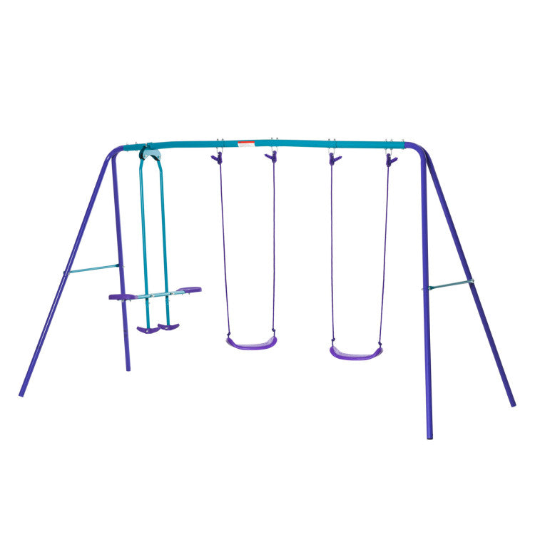 Outsunny Metal Swing Set With Glider, Two Swing Seats And Adjustable Height, Outdoor Heavy Duty A Frame Suitable For Playground, Backyard, Purple