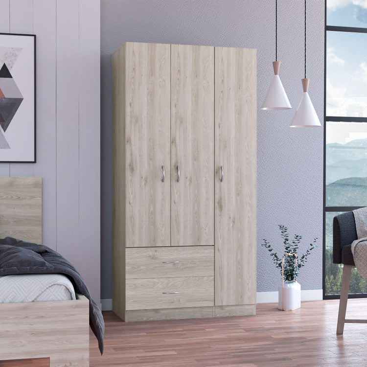 Bosko 3 Doors Armoire, Two Drawers, Metal Rod, Light Gray Bedroom