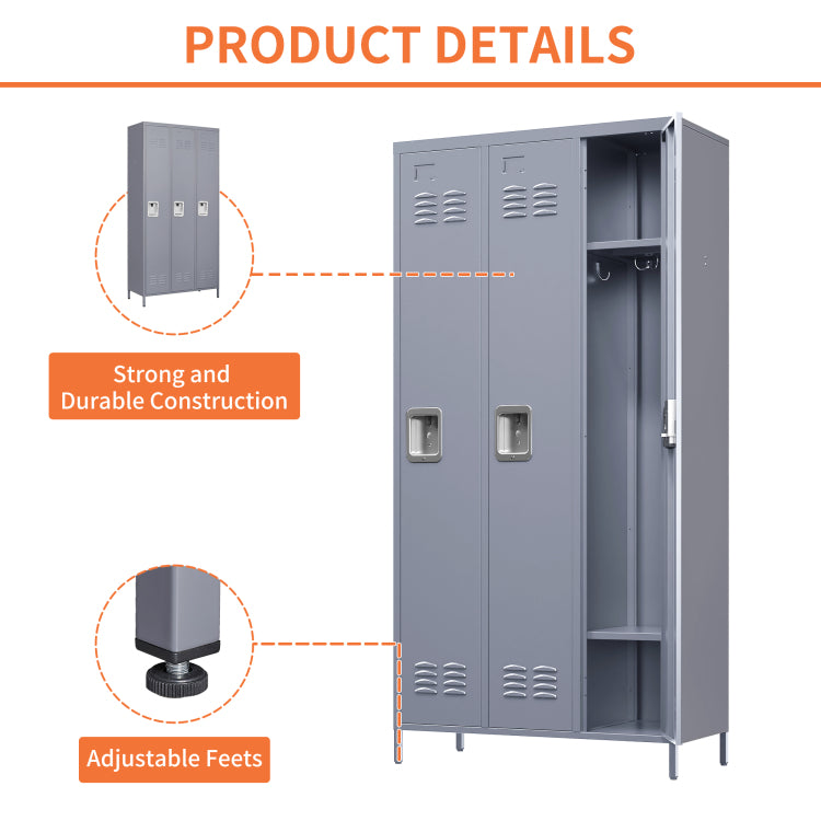 3 Door 72"H Metal Lockers With Lock For Employees,Storage Locker Cabinet For Home Gym Office School Garage,Gray