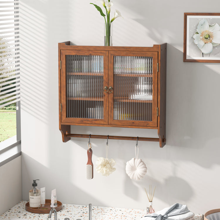 24.8"Glass Door Vintage Double Door Wall Cabinet With Three Tiers Of Storage With Towel Rack, For Bathroom, Kitchen,Dining Room,Brown