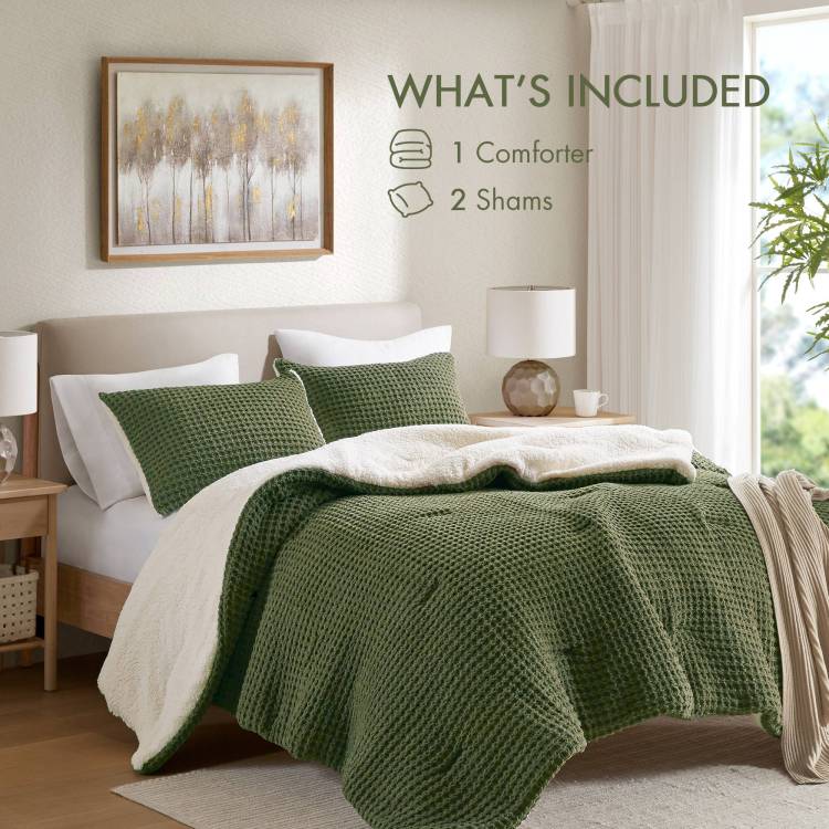 3 Pieces Full Queen Waffle Knit Chenille Comforter Set,Olive