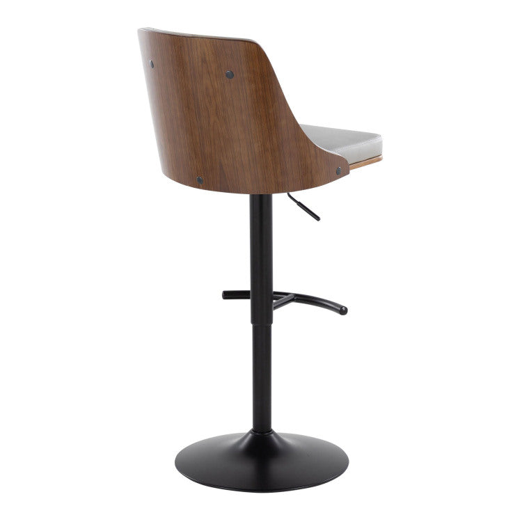 Mid Century Modern Adjustable Barstool With Swivel In Black Metal, Walnut Wood And Light Grey Faux Leather With Rounded T Footrest Set Of 2