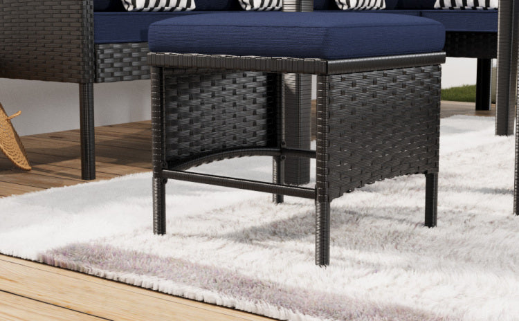 Small Space Patio Furniture 7 Piece Outdoor Furniture Set, Backyard Furniture Set, Waterproof Seat Cushion, Glass Table, Space Saving, Suitable For Backyard, Terrace Or Garden,Dark Blue