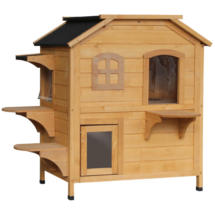 Pawhut 2 Story Cat House Outdoor, Weatherproof Wooden Cat Enclosure For Feral Cats With Escape Door, Openable Roof, Jumping Platforms, Natural