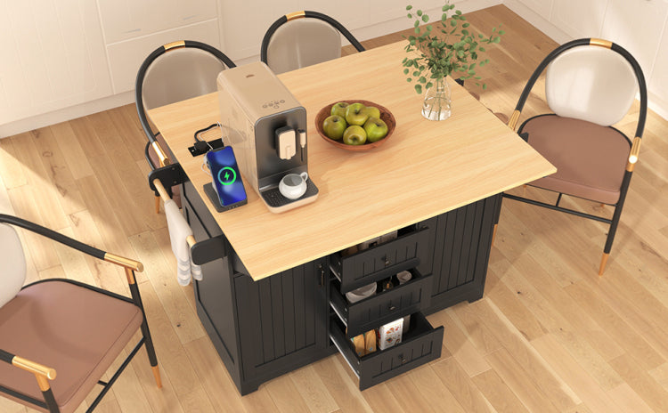 K&K 55.7'' Large Kitchen Island With 2 Drop Leaf, Rolling Kitchen Cart On 5 Wheels With Power Outlet, Folding Storage Dining Table With Spice & Towel Rack , 3 Drawers, For Kitchen, Dining Room,Black