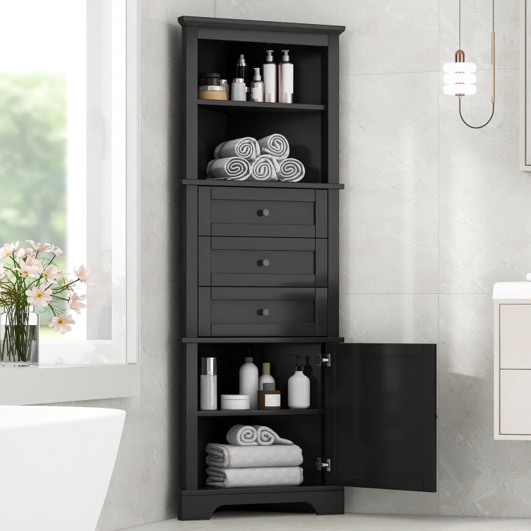 Black Triangle Tall Cabinet With 3 Drawers And Adjustable Shelves For Bathroom, Kitchen Or Living Room, Mdf Board With Painted Finish Wf306469Aag Color