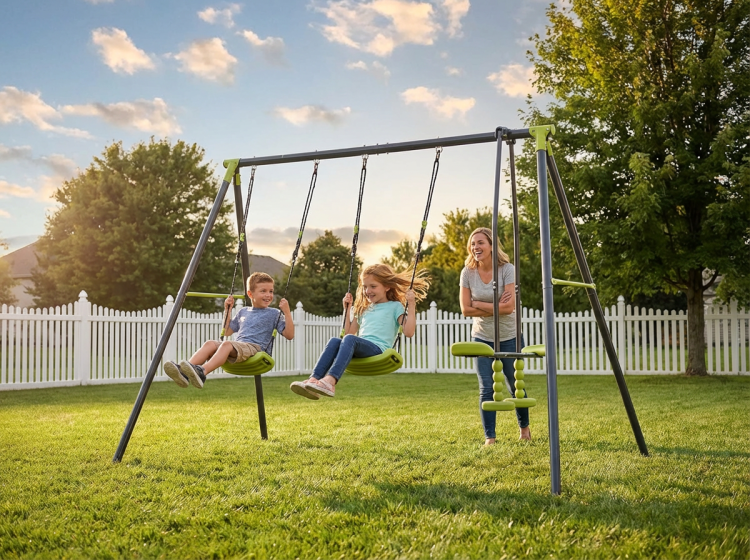 Xns008 Interesting Triple Children Metal Safe Swing Set 440Lbs For Outdoor Playground Three Seat Swing Black And Green For Age 3
