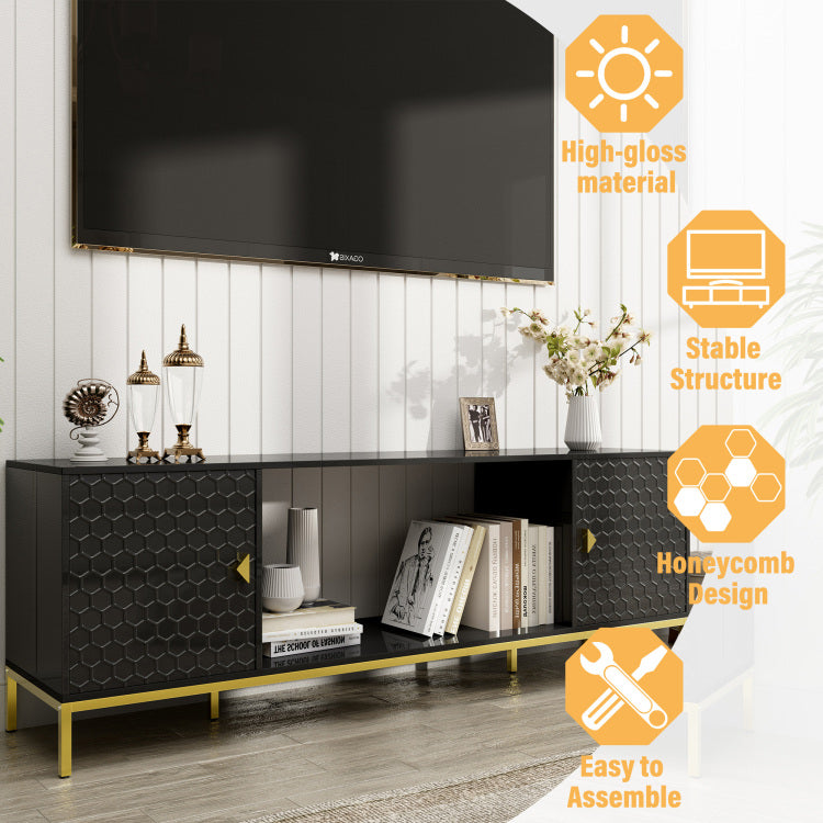70 Inch Tv Stand, Heavy Duty Wood Media Entertainment Center Console With Cabinet Storage & Open Shelves For Living Room, Modern Design Black,Not Include Electric Fireplace