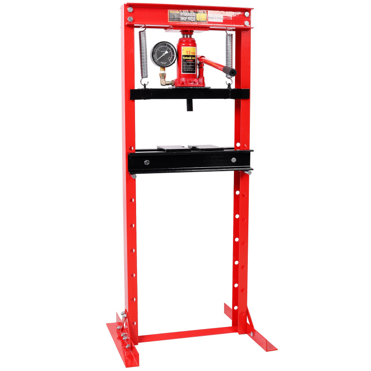 12Ton Bottle Jack Shop Press With Gauge, Bend, Straighten, Or Press Parts, Install Bearings, U Joints, Bushings, Ball Joints, And Pulleys,Red