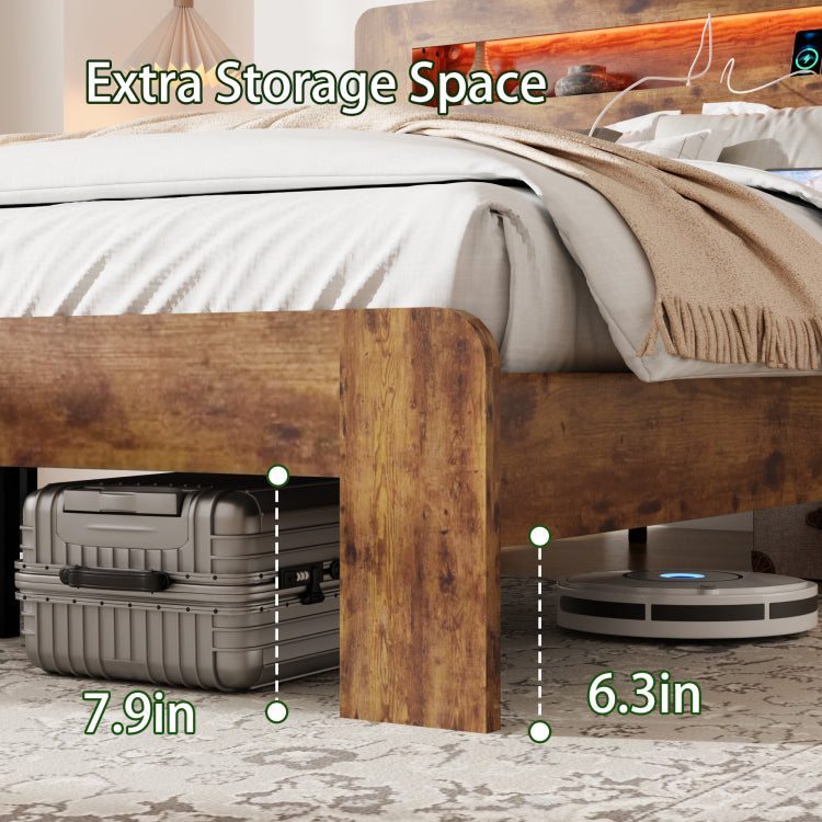 Bed Frame Queen Size, Wood Platform Bed Frame With Storage Led Light Headboard And 2 Usb , Noise Free,No Box Spring Needed And Easy Assembly Tool,Large Under Bed Storage,Dark Brown