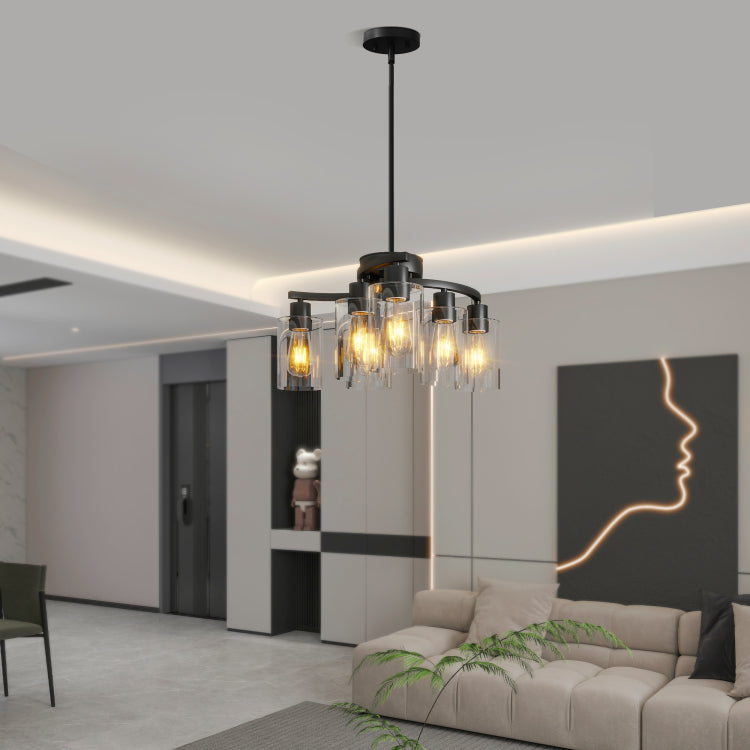 6 Light Modern Farmhouse Black Chandelier, Contemporary Dining Room Light Fixture, Adjustable Height Hanging Industrial Pendant Lights Kitchen Island, Clear Glass Shade