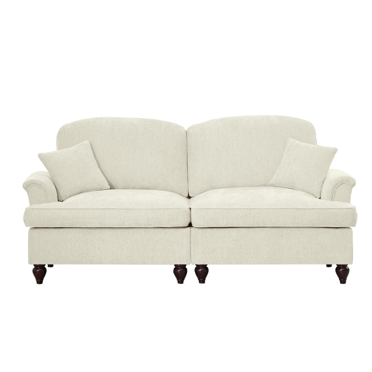 Elegant Mid Century Oversized Large Two Seater Sofa Couch With Flared Arms And Removable Ruffles Pleats Skirts And Spindle Legs, Comfy Chenille Two Seat Love Seat Sofa For Living Room, Beige White