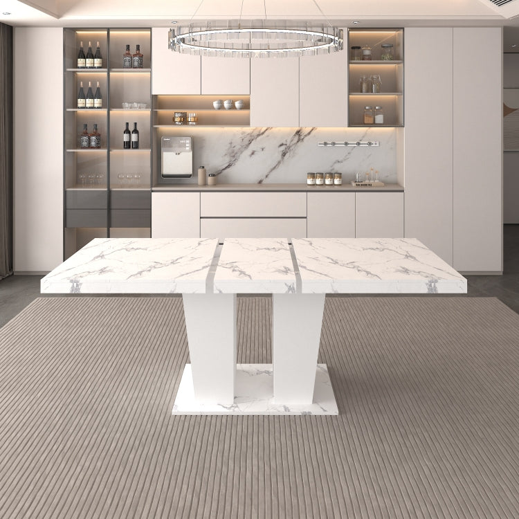 Extendable Dining Room Table For 6 10, Modern All White Faux Marble Rectangle Dining Table With Dual Column Pedestal Base, Expandable Kitchen Table
