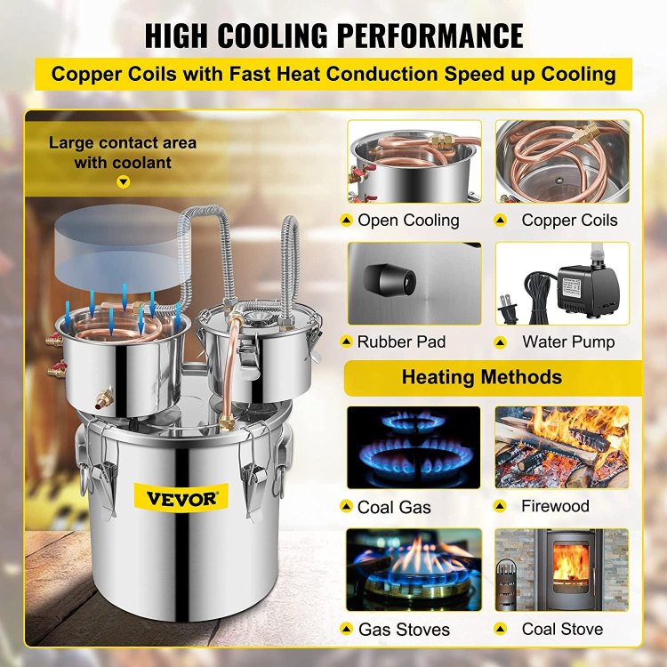 Alcohol Still 5 Gal 19L Water Alcohol Distiller Copper Tube With Circulating Pump Home Brewing Kit Build In Thermometer For Diy Whisky Wine Brandy, Stainless Steel, 3 Pots