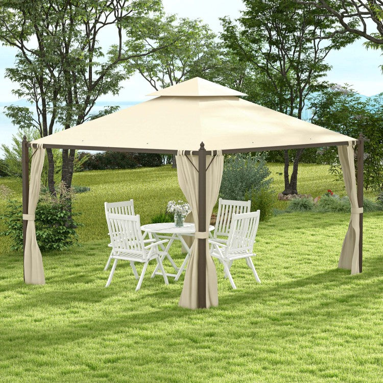 Outsunny 10' X 12' Steel Outdoor Patio Gazebo With Polyester Privacy Curtains, Two Tier Roof For Air, Large Design