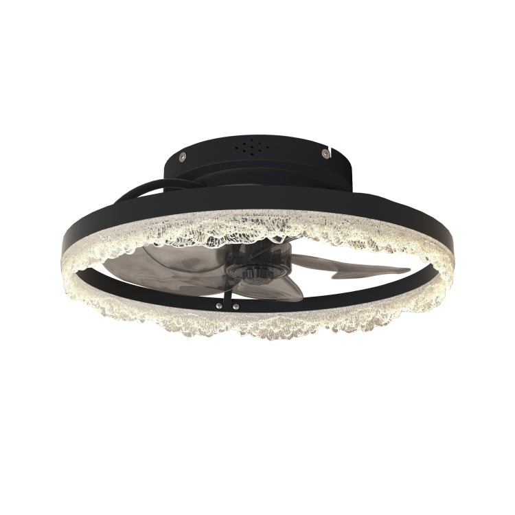 16" Decorative Led Light Modern Flush Mount With Crystal Inspired Acrylic Ring, Hidden Blades, Remote Control, And Dimmable Light For Stylish Homes Black