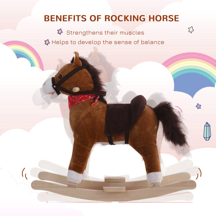 Qaba Kids Ride On Rocking Horse Plush Toy With Realistic Sounds And Red Scarf For Over 3 Years Old Birth Gift