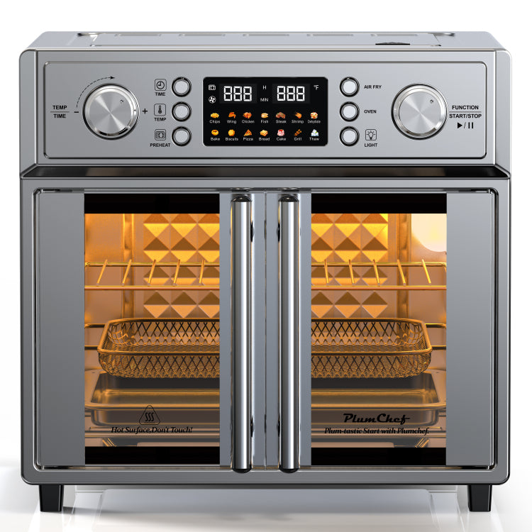 Plumchef 26Qt Large Capacity French Double Door Air Fryer Convection Toaster Oven, 1700W, 14 Preset Menus, 7 In 1 Multi Function Bake, Roast, Gril,Toast,Dehydrate&Defrost , Stainless Steel,Silvery