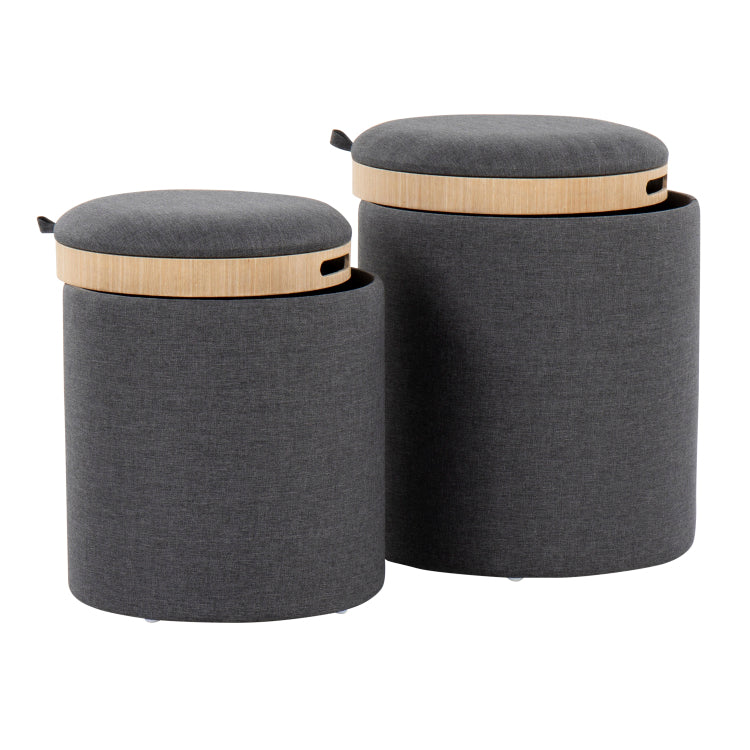 Contemporary Nesting Ottoman Set In Charcoal Fabric And Natural Wood