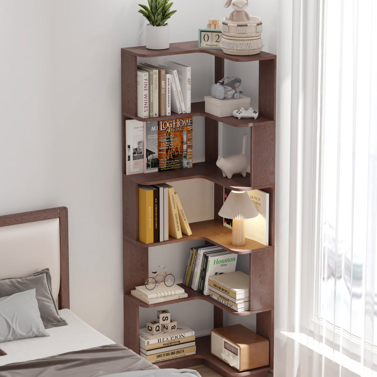 6 Tier Freestanding L Shaped Corner Bookshelf For Living Room, Bedroom, Wooden Bookcase With Anti Drop Panle And Anti Tipping Device, Display Shelf Open Storage Rack Organizer For Home Office Dark