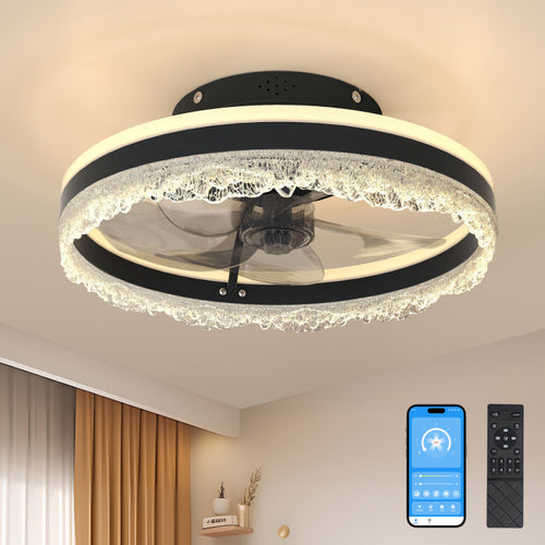 16" Quiet With Light Led Crystal Flush Mount Fan Lamp With Hidden Blades And Natural Airflow, Perfect For Bedroom, Kids Room, Study Room
