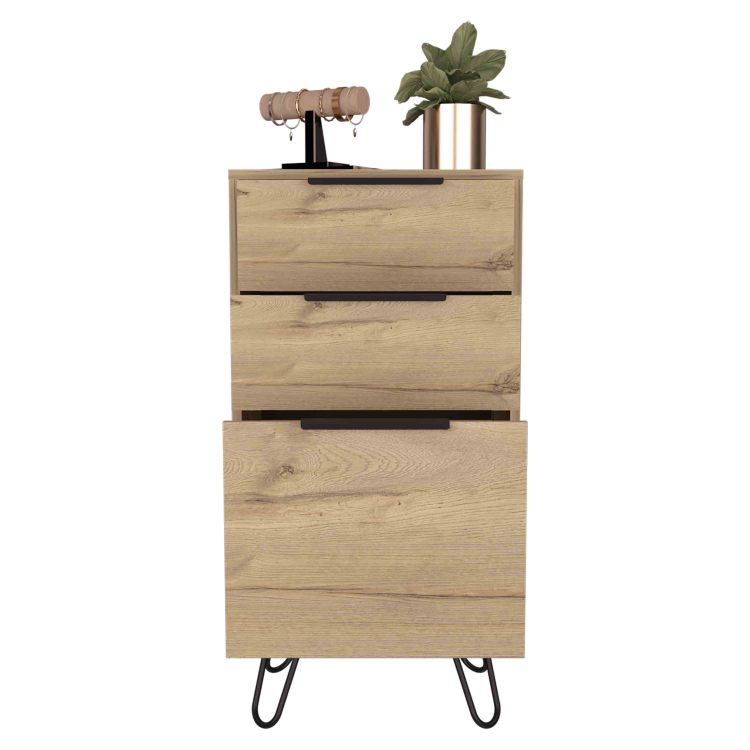Augusta Light Dresser, Hairpin Legs, Superior Top,Three Drawers Light Oak