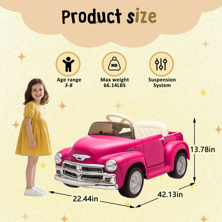 12V Kids Ride On Truck Car W Parents Control, Licensed Chevrolet 3100 Pickup,Electric Car For Kid,Vintage Modeling,3 Speeds,Led Lights,Bluetooth,Usb,High Power Up To 4.35 Km H,Age 3