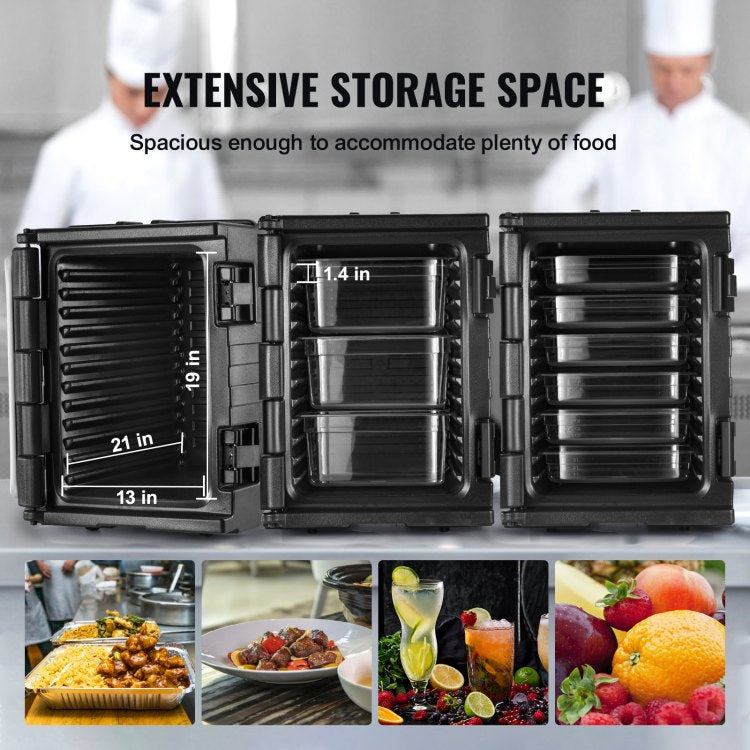 Insulated Food Pan Carrier, 82 Qt Hot Box For Catering, Lldpe Food Box Carrier W Double Buckles, Front Loading Food Warmer W Handles, Stackable End Loader For Restaurant, Canteen, Etc. Black