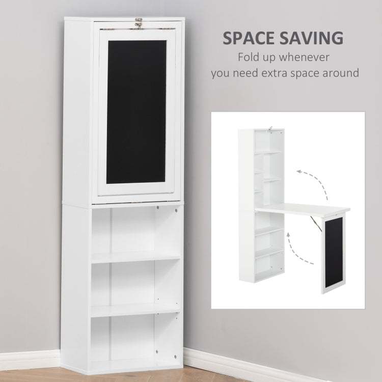 Homcom Fold Out Convertible Writing Table Wall Mount Desk Cabinet With Blackboard And Side Shelf Multi Function Home Office Workstation, White