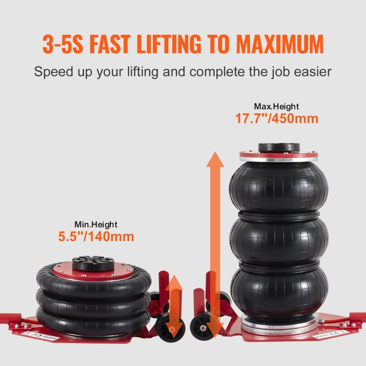Air Jack, 3 Ton 6600 Lbs Triple Bag Air Jack, Airbag Jack With Six Steel Pipes, Lift Up To 17.7 Inch 450 Mm, 3 5 S Fast Lifting Pneumatic Jack, With Long Handles For Cars, Garages, Repair, Red