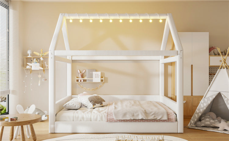 Full Size Upholstered House Daybed With Led Light Strips,Beige
