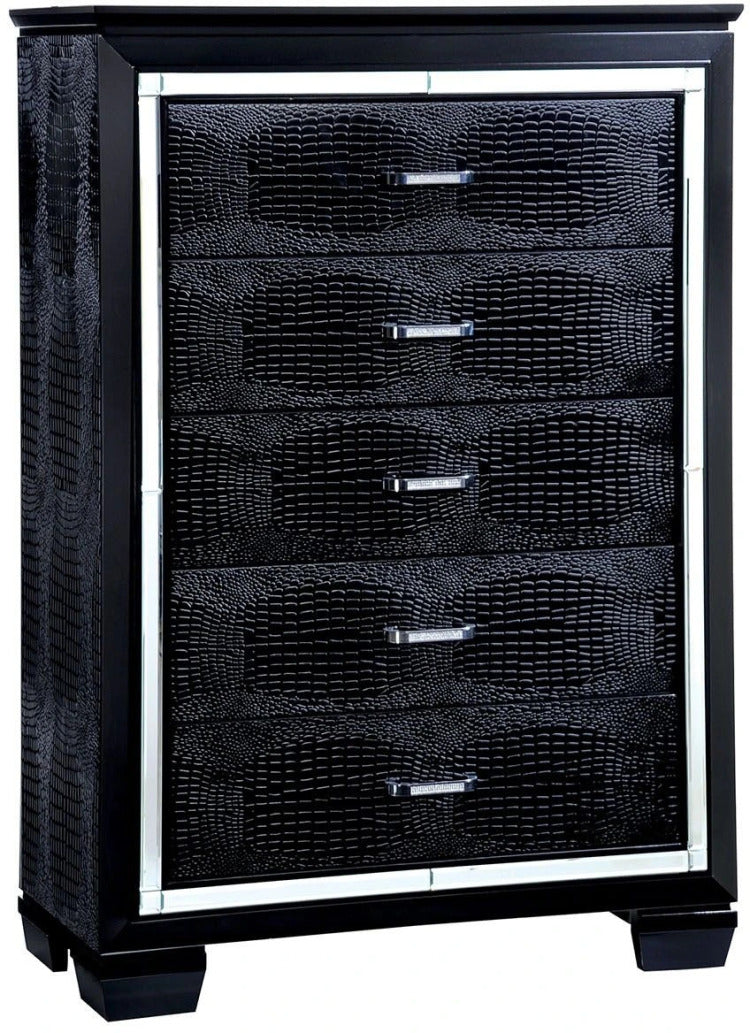 1Pc Chest Crocodile Texture Contemporary Style Diamond Crusted Handle English Dovetail Five Drawers 3Mm Mirror Black Finish
